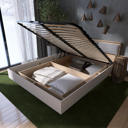 Кровать с мягким изголовьем EVR- Сити (основа подъемный механизм) дуб Сонома + белый