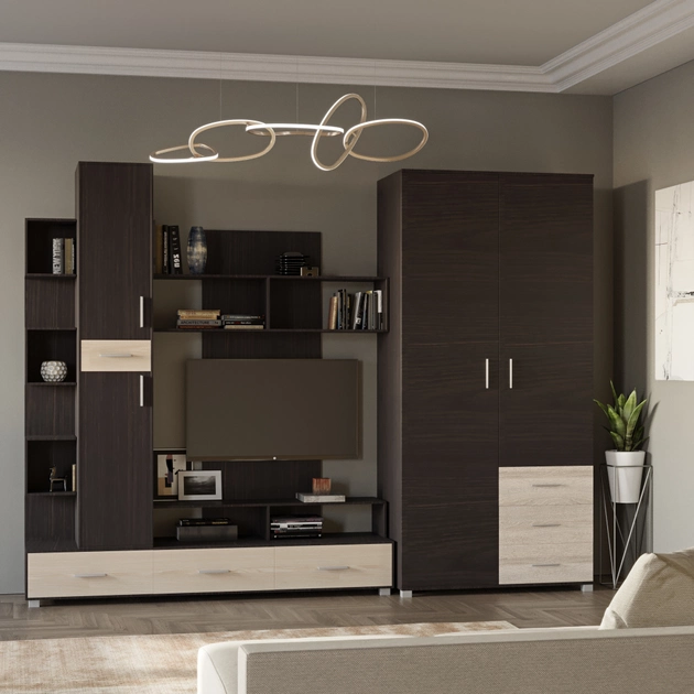 Комплект в гостиную EVR- Бриз-3 венге темный + фасад дуб молочный