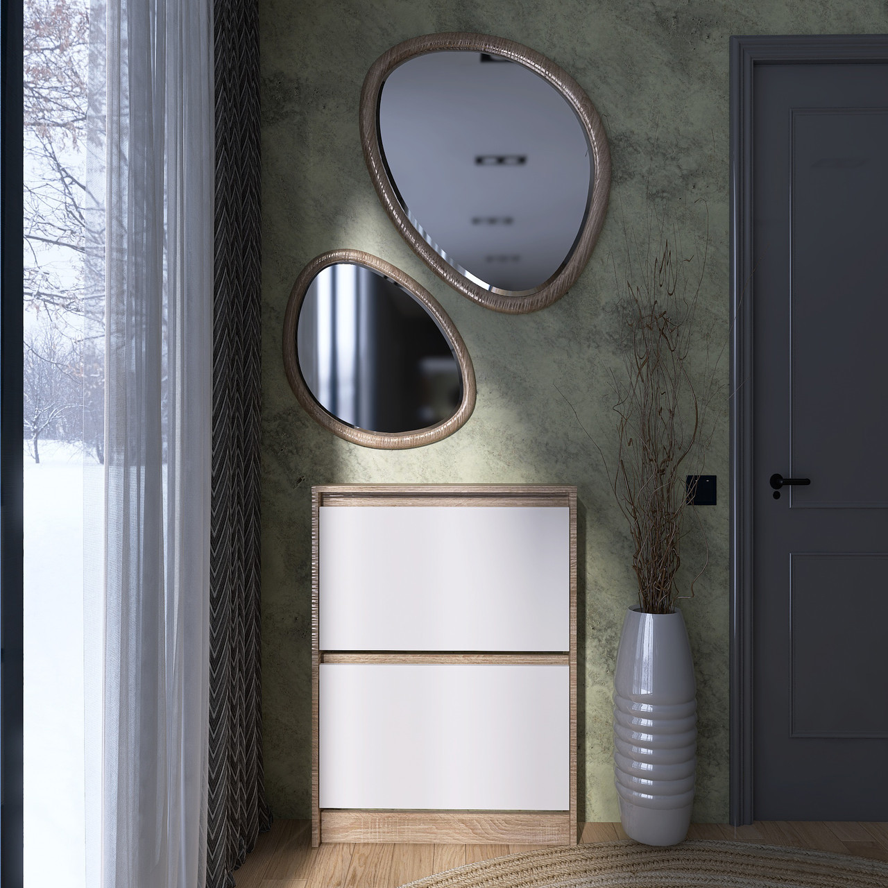 Тумба для обуви в прихожую EVR- Сити-160-2 дуб Сонома + фасад белый