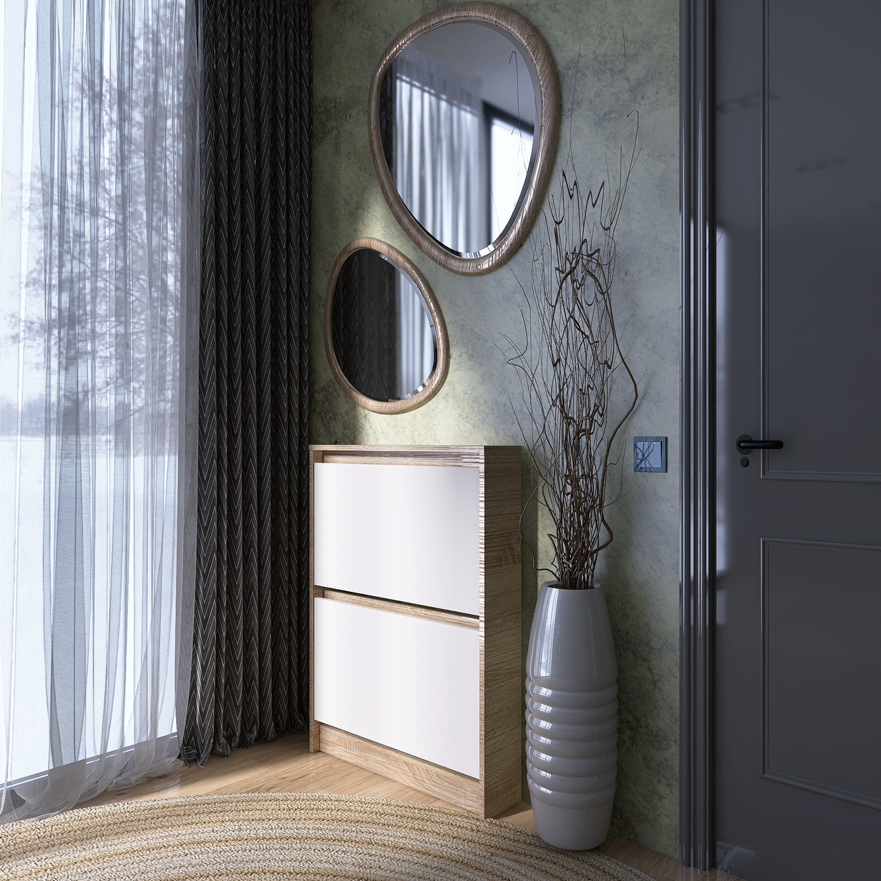 Тумба для обуви в прихожую EVR- Сити-160-2 дуб Сонома + фасад белый