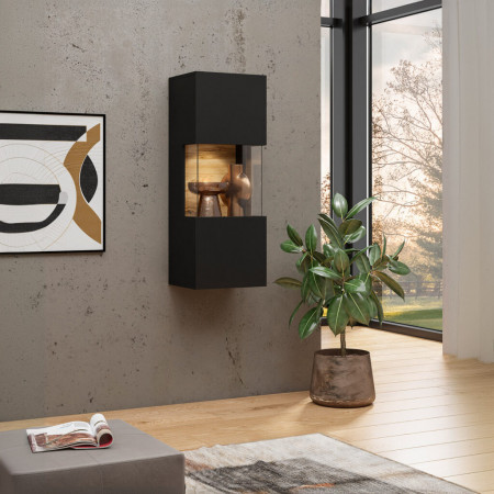 Витрина настенная на 1 дверь в гостиную Helvetia AVA 24WNLM07 (черный-дуб вотан/черный)