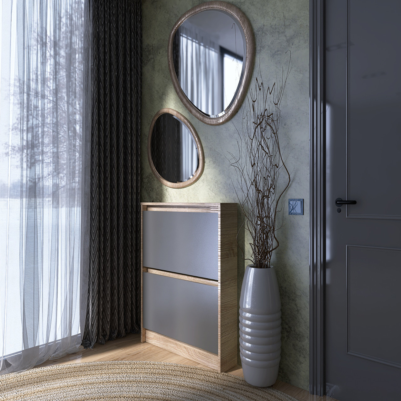 Тумба для обуви в прихожую EVR- Сити-160-2 дуб Сонома + фасад графит