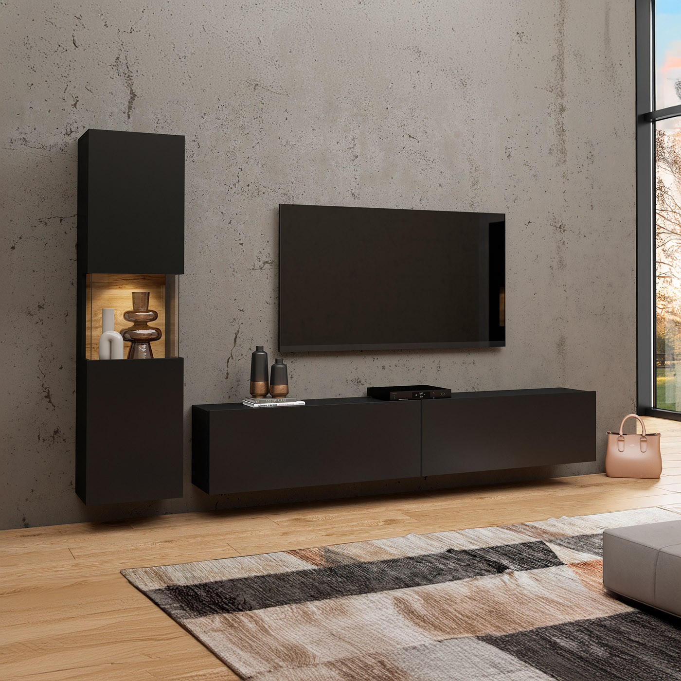 Стенка в гостиную Helvetia AVA 24WNLM09 (черный-дуб вотан/черный)