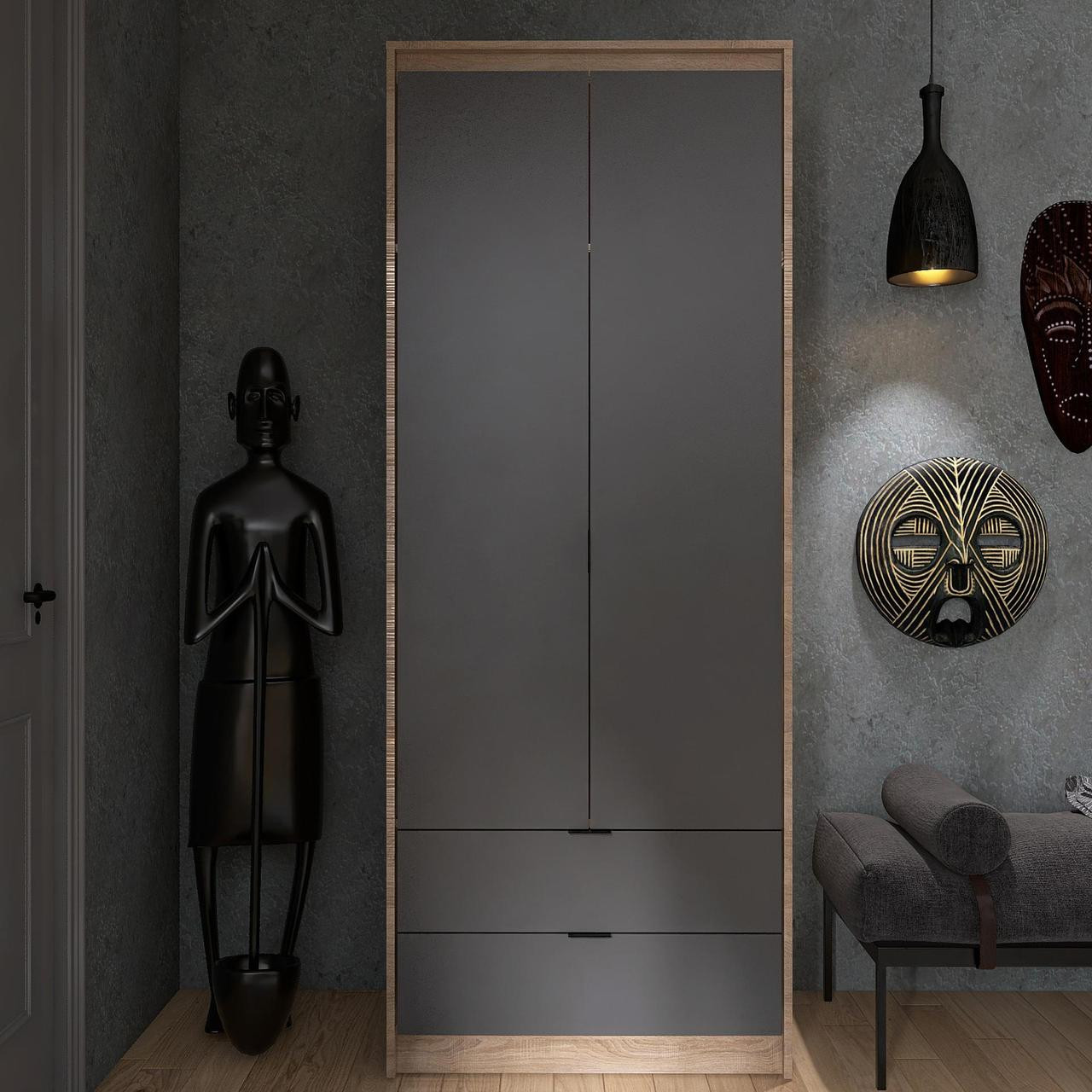 Шкаф распашной на 2 двери и 2 шухляды EVR- Сити-800(полки) дуб Сонома + фасад графит