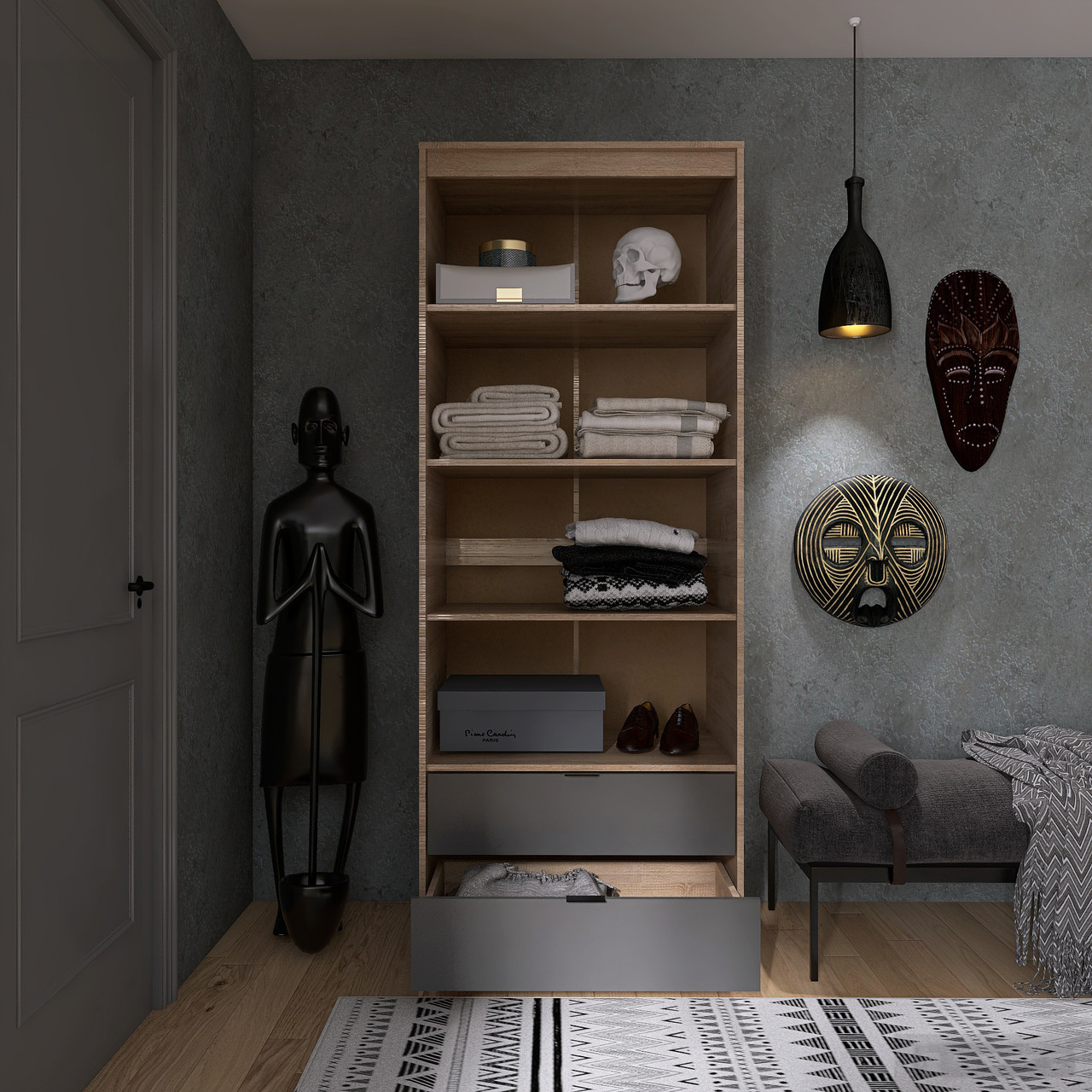 Шкаф распашной на 2 двери и 2 шухляды EVR- Сити-800(полки) дуб Сонома + фасад графит