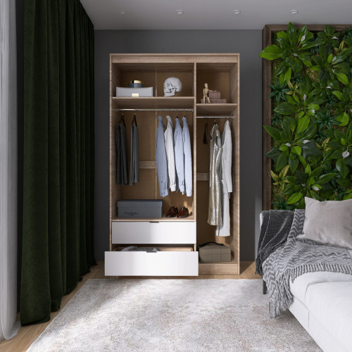 Шкаф распашной на 3 двери и 2 шухляды EVR- Сити-1200(штанга-штанга) дуб Сонома + фасад белый