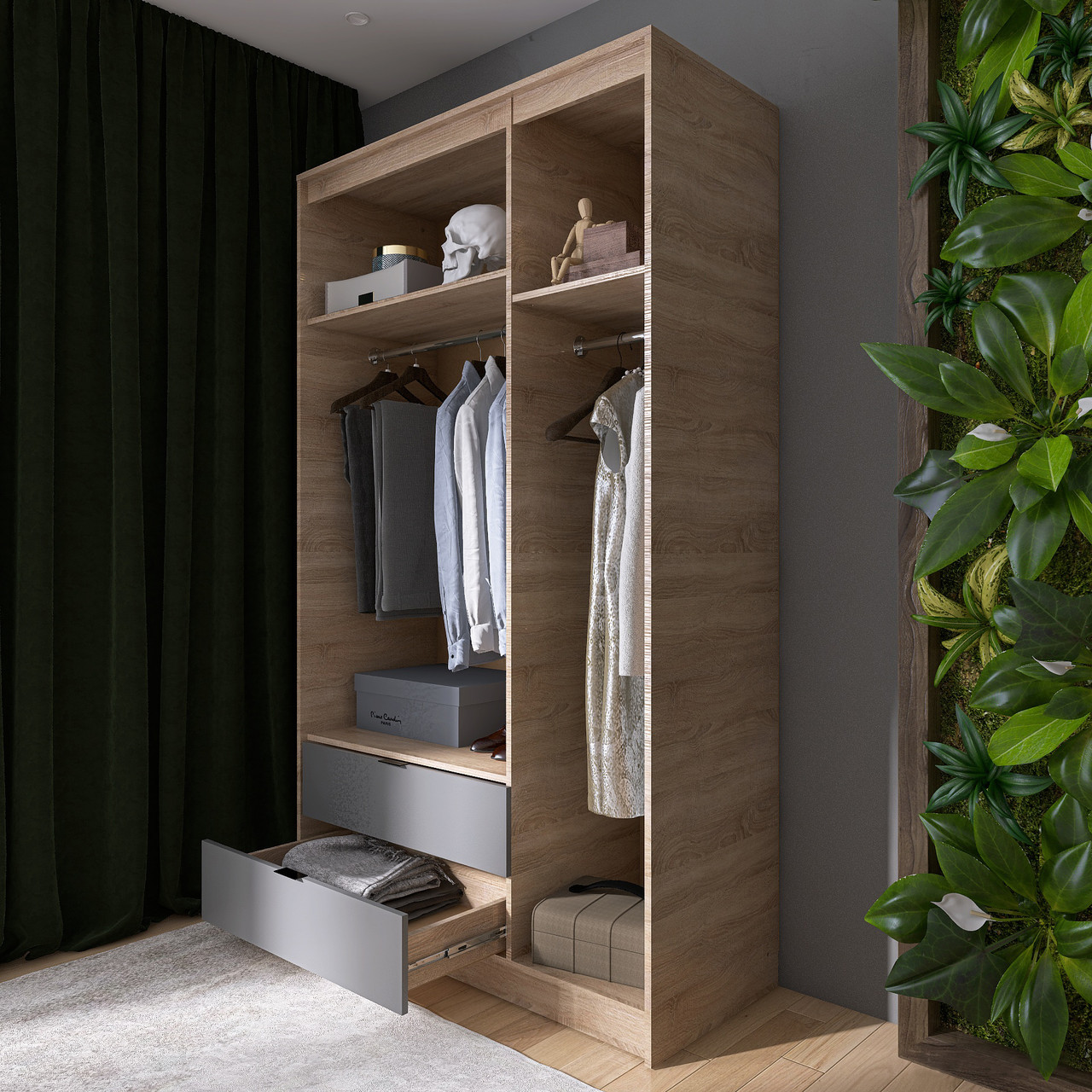 Шкаф распашной на 3 двери и 2 шухляды EVR- Сити-1200(штанга-штанга) дуб Сонома + фасад графит