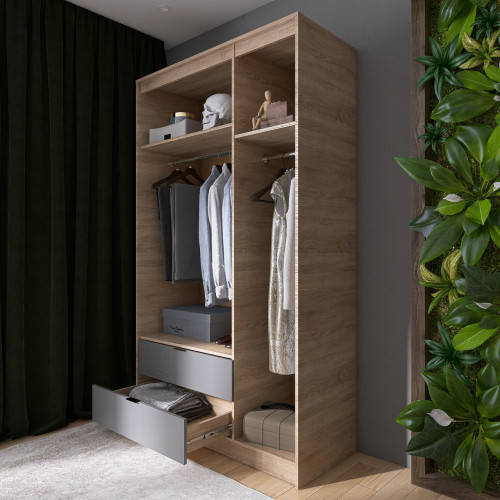 Шкаф распашной на 3 двери и 2 шухляды EVR- Сити-1200(штанга-штанга) дуб Сонома + фасад графит