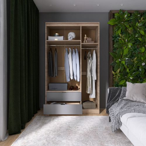 Шкаф распашной на 3 двери и 2 шухляды EVR- Сити-1200(штанга-штанга) дуб Сонома + фасад графит