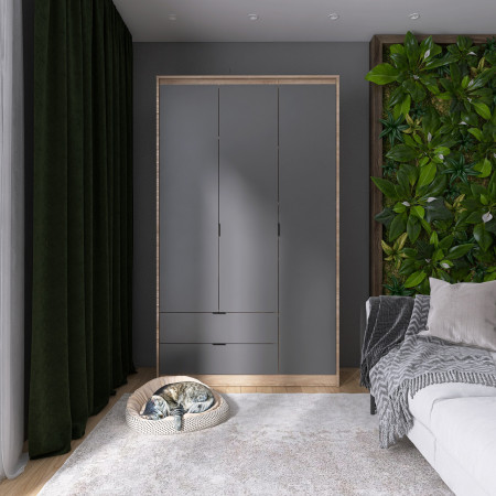 Шкаф распашной на 3 двери и 2 шухляды EVR- Сити-1200(штанга-штанга) дуб Сонома + фасад графит