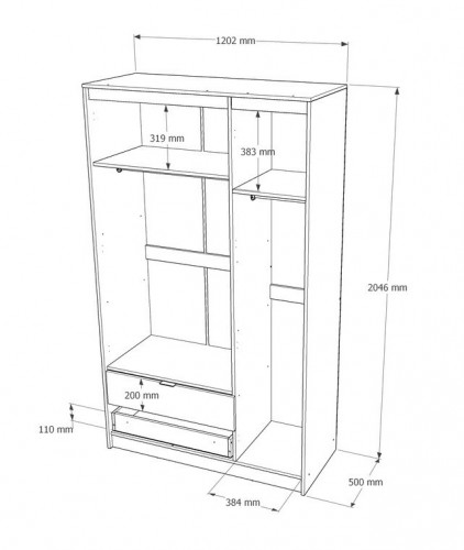 Шкаф распашной на 3 двери и 2 шухляды EVR- Сити-1200(штанга-штанга) дуб Сонома + фасад графит
