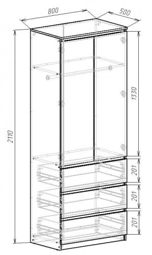 Шкаф Стиль-80 (ящики) 211х80х52 cм KOD- ШК-80-3 стиль 