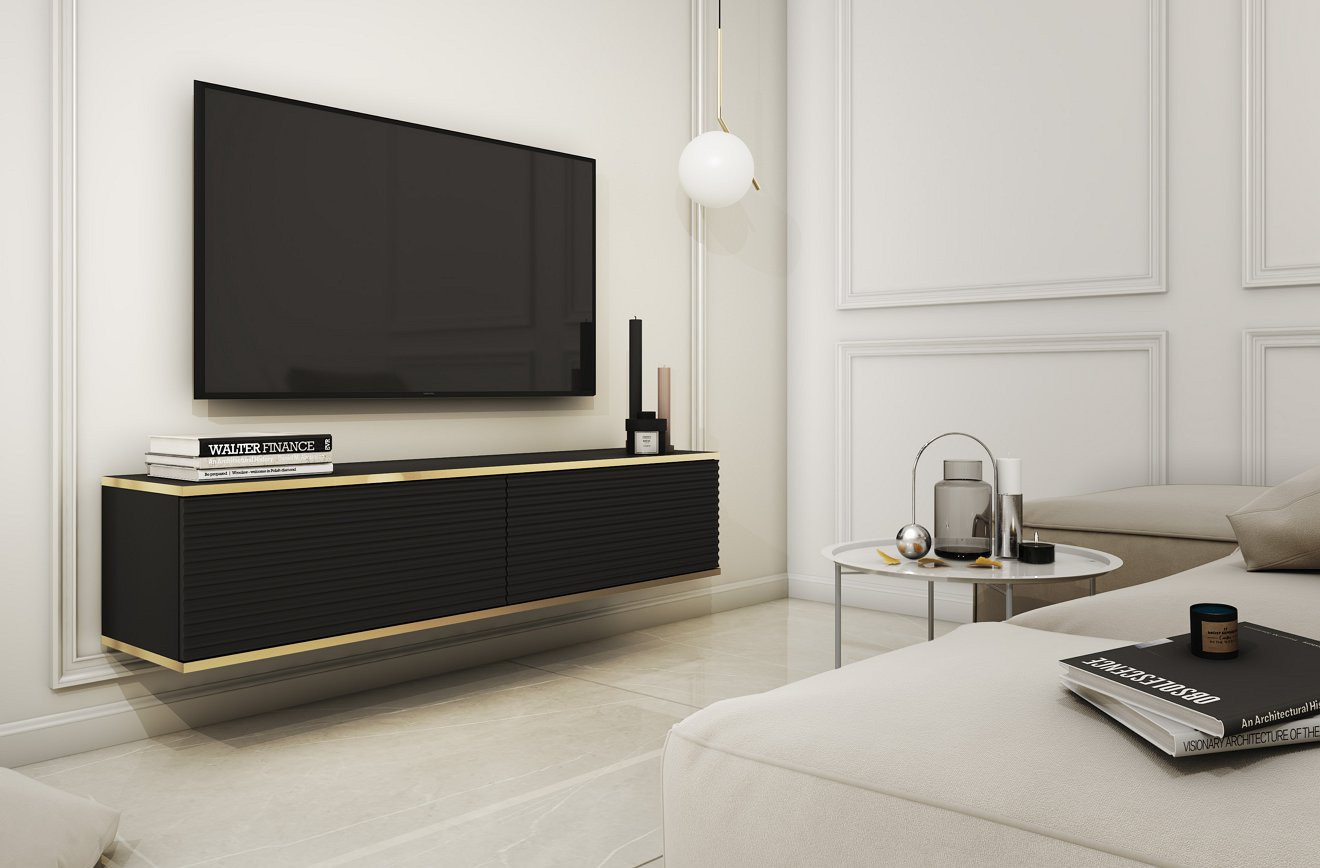 Тумба под ТВ навесная Perfect Home Оро / Oro RTV135 MDF 2-дверная Черный