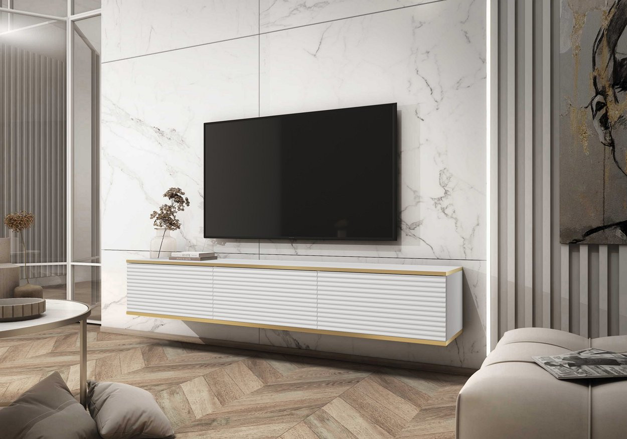 Тумба под ТВ навесная Perfect Home Оро / Oro RTV175 MDF 3-дверная Белый