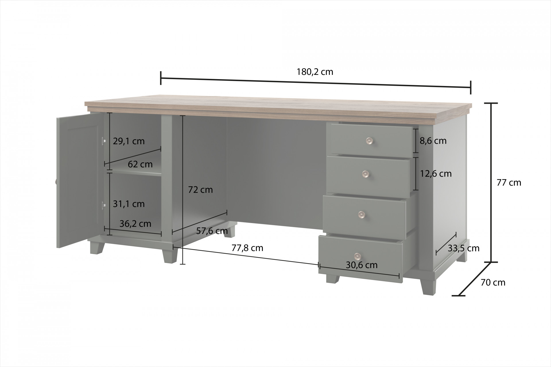 Письменный стол на 1 дверь и 4 ящика Helvetia EVORA 24ZRJU07 (зеленый/дуб Лефкас)
