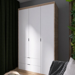 Шкаф распашной на 3 двери и 2 шухляды EVR- Сити-1200(штанга-полки) дуб Сонома + фасад белый