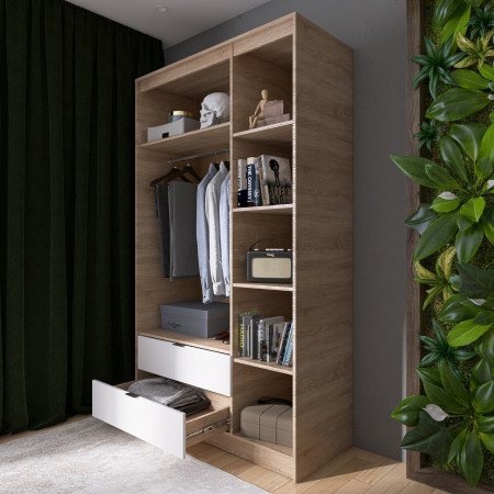 Шкаф распашной на 3 двери и 2 шухляды EVR- Сити-1200(штанга-полки) дуб Сонома + фасад белый