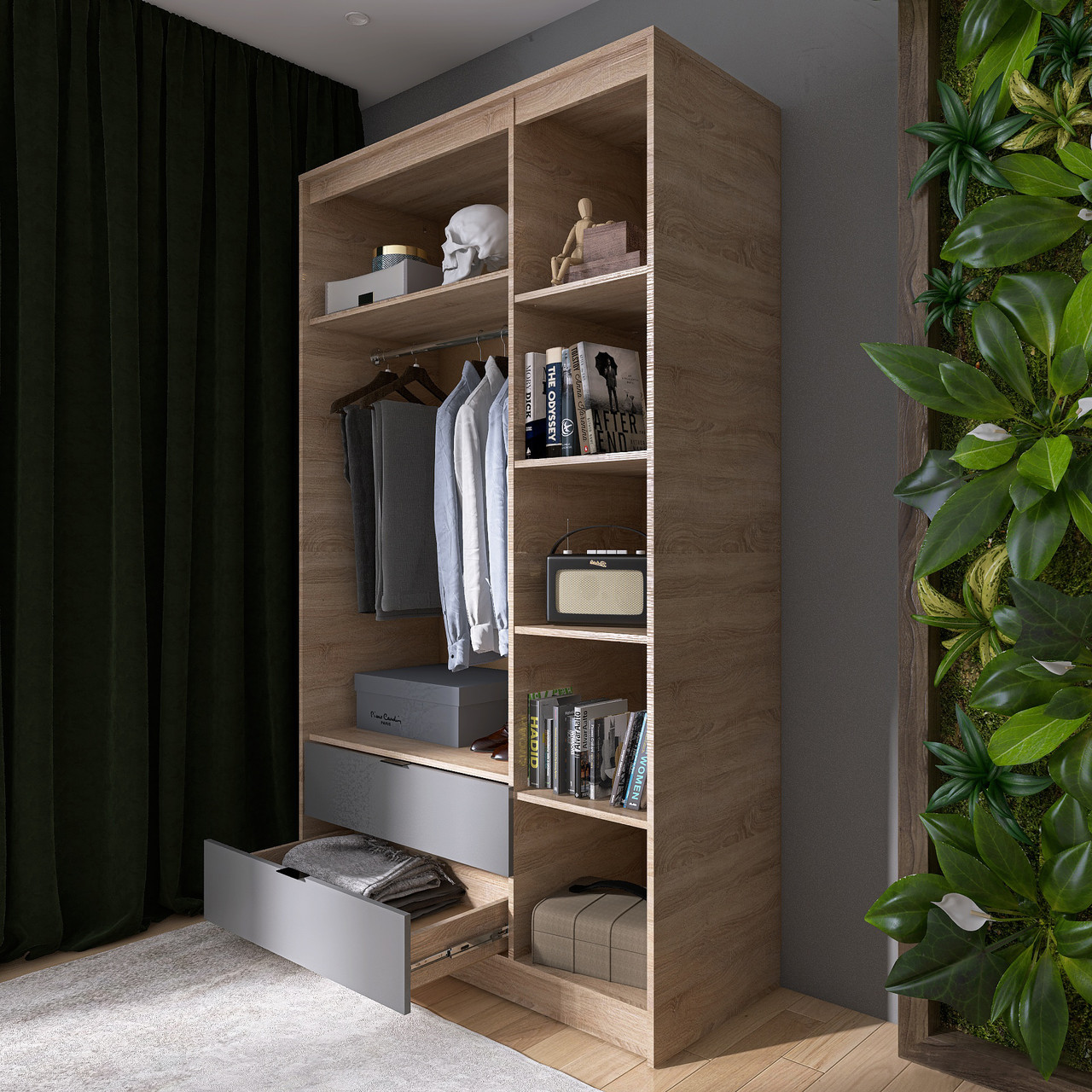 Шкаф распашной на 3 двери и 2 шухляды EVR- Сити-1200(штанга-полки) дуб Сонома + фасад графит