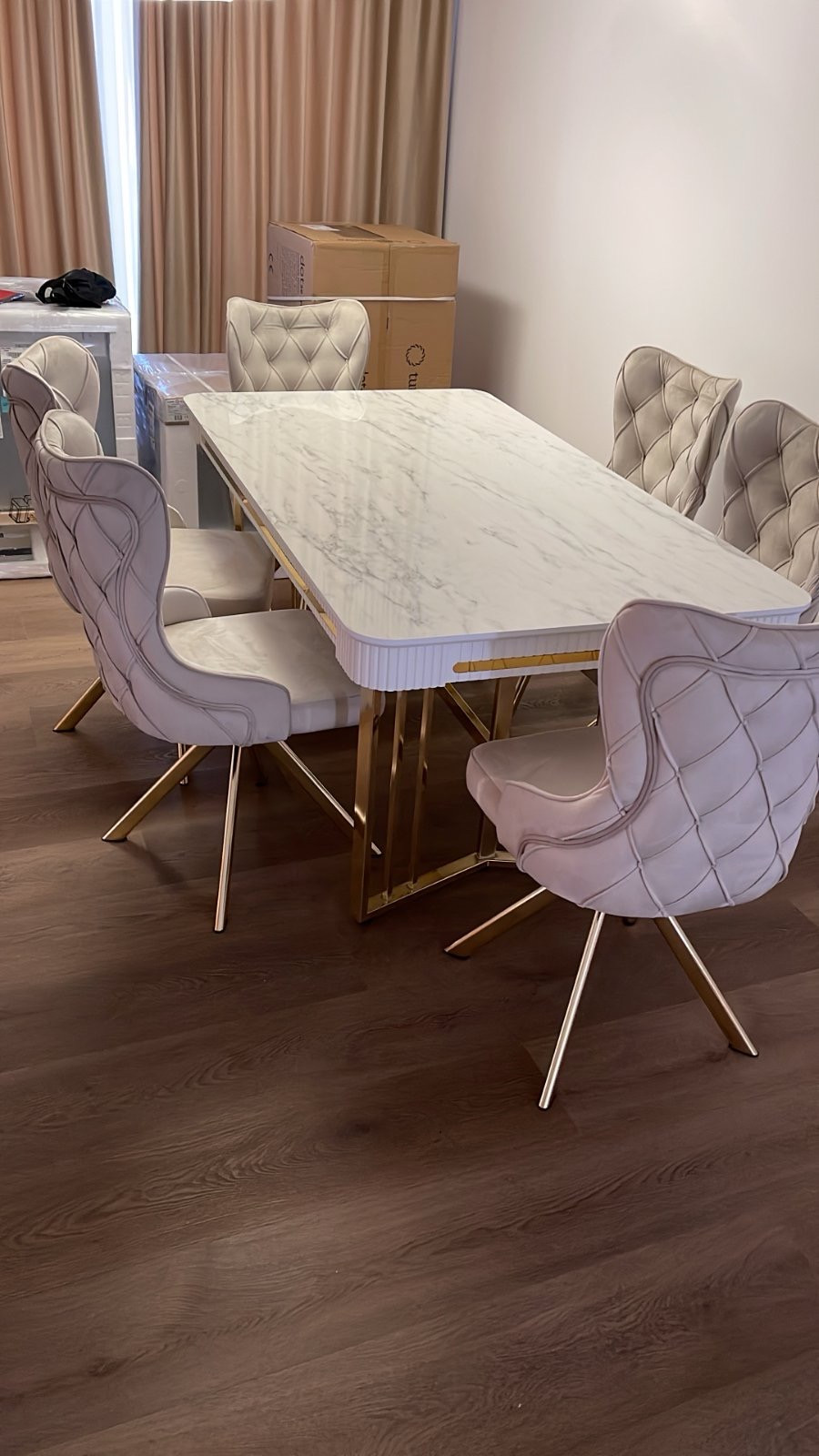 Стол модерн 170х90 см EXI- VENUS белый мрамор глянец МДФ+HPL, золотые ножки 