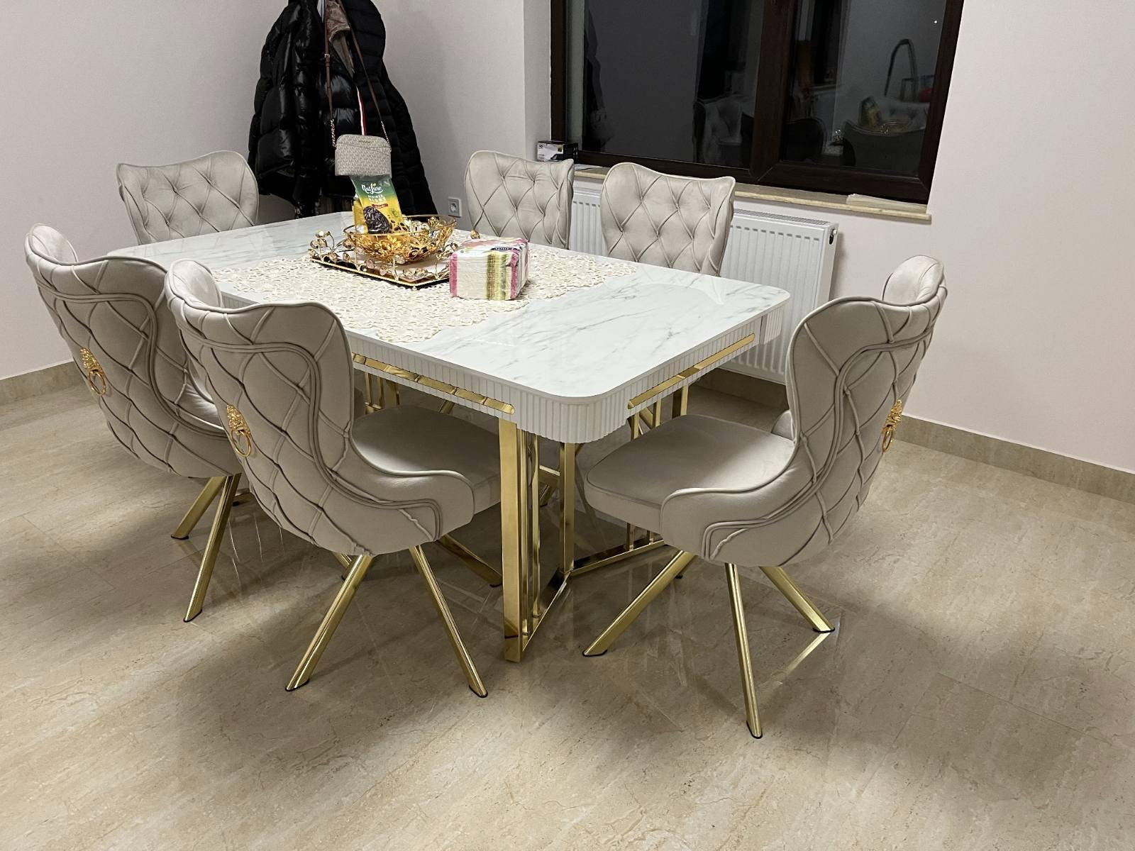 Стол модерн 170х90 см EXI- VENUS белый мрамор глянец МДФ+HPL, золотые ножки 