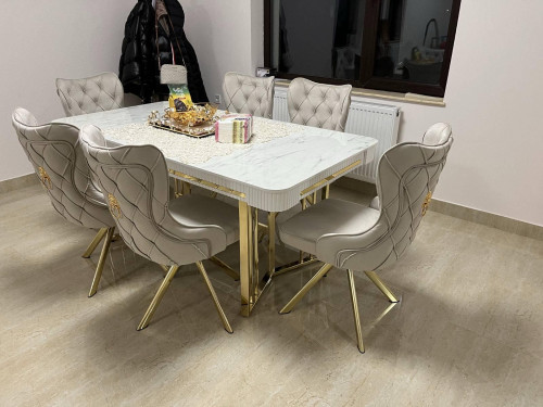 Стол модерн 170х90 см EXI- VENUS белый мрамор глянец МДФ+HPL, золотые ножки 