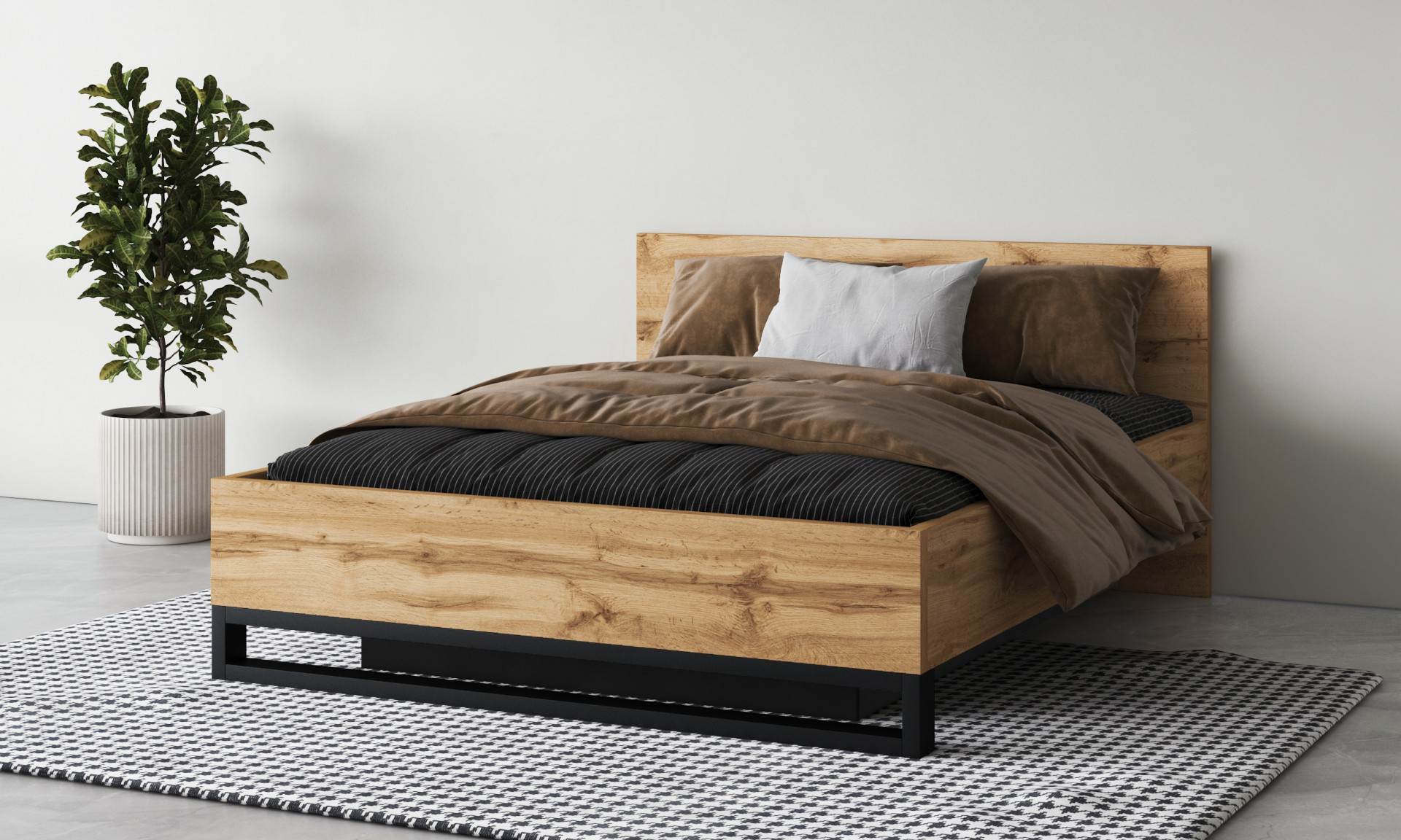 Кровать двуспальная с газовым подьемником Helvetia HALLE S (дуб Вотан/черный)