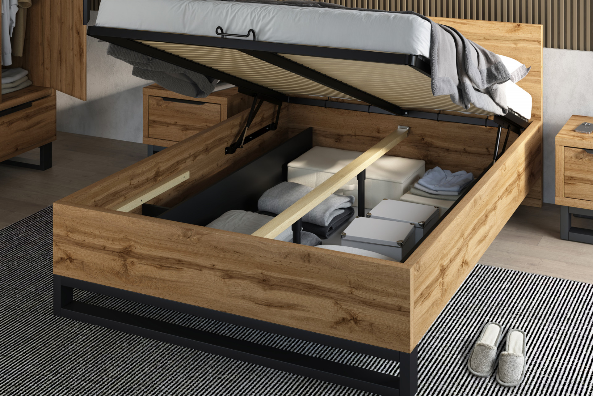 Кровать двуспальная с газовым подьемником Helvetia HALLE S (дуб Вотан/черный)