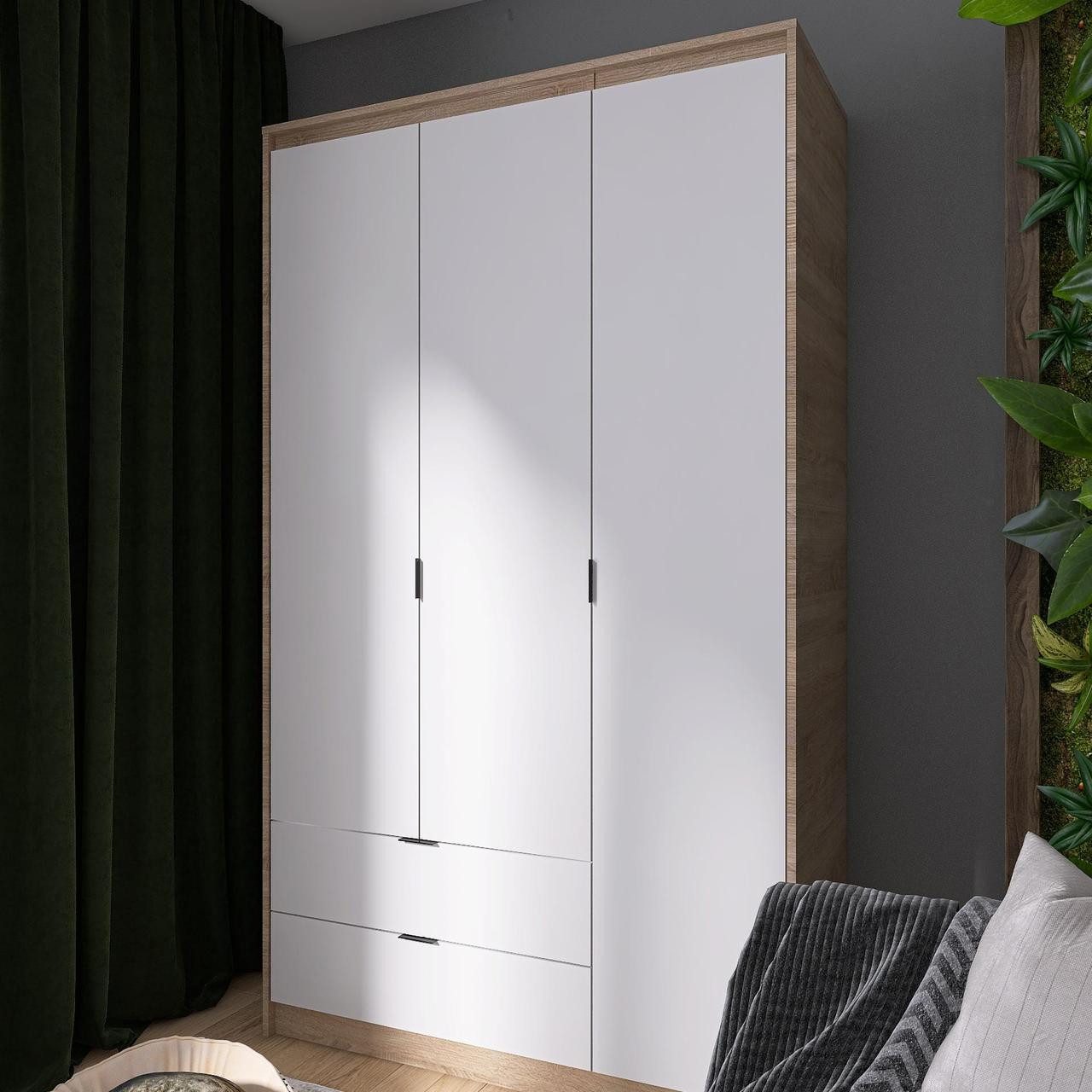 Шкаф распашной на 3 двери и 2 шухляды EVR- Сити-1200(полки-полки) дуб Сонома + фасад белый