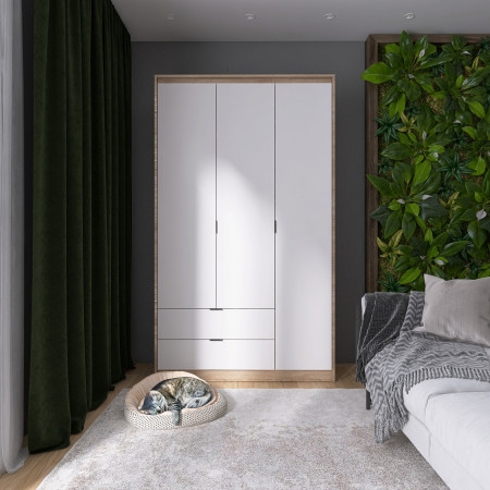 Шкаф распашной на 3 двери и 2 шухляды EVR- Сити-1200(полки-полки) дуб Сонома + фасад белый