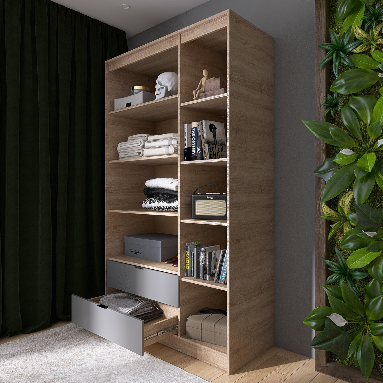 Шкаф распашной на 3 двери и 2 шухляды EVR- Сити-1200(полки-полки) дуб Сонома + фасад графит