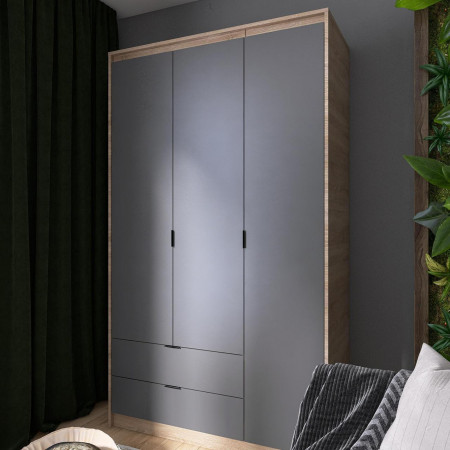 Шкаф распашной на 3 двери и 2 шухляды EVR- Сити-1200(полки-полки) дуб Сонома + фасад графит