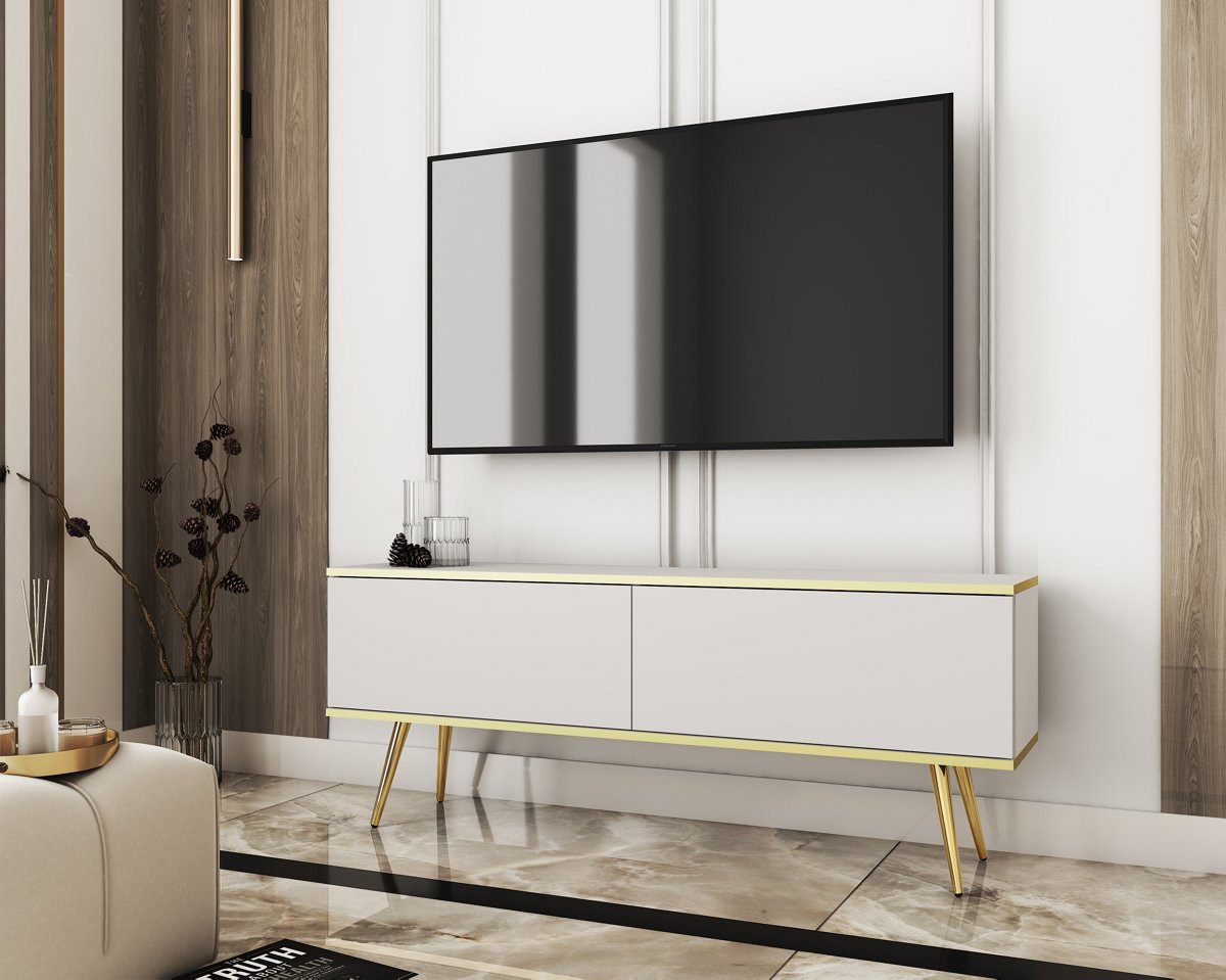 Тумба под ТВ Perfect Home Оро / Oro 2-дверная с золотыми ножками RTV135 Белый