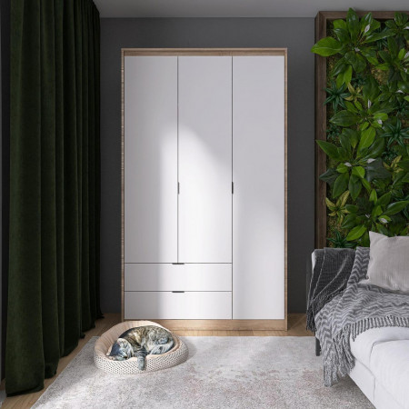 Шкаф распашной на 3 двери и 2 шухляды EVR- Сити-1200(полки-штанга) дуб Сонома + фасад белый