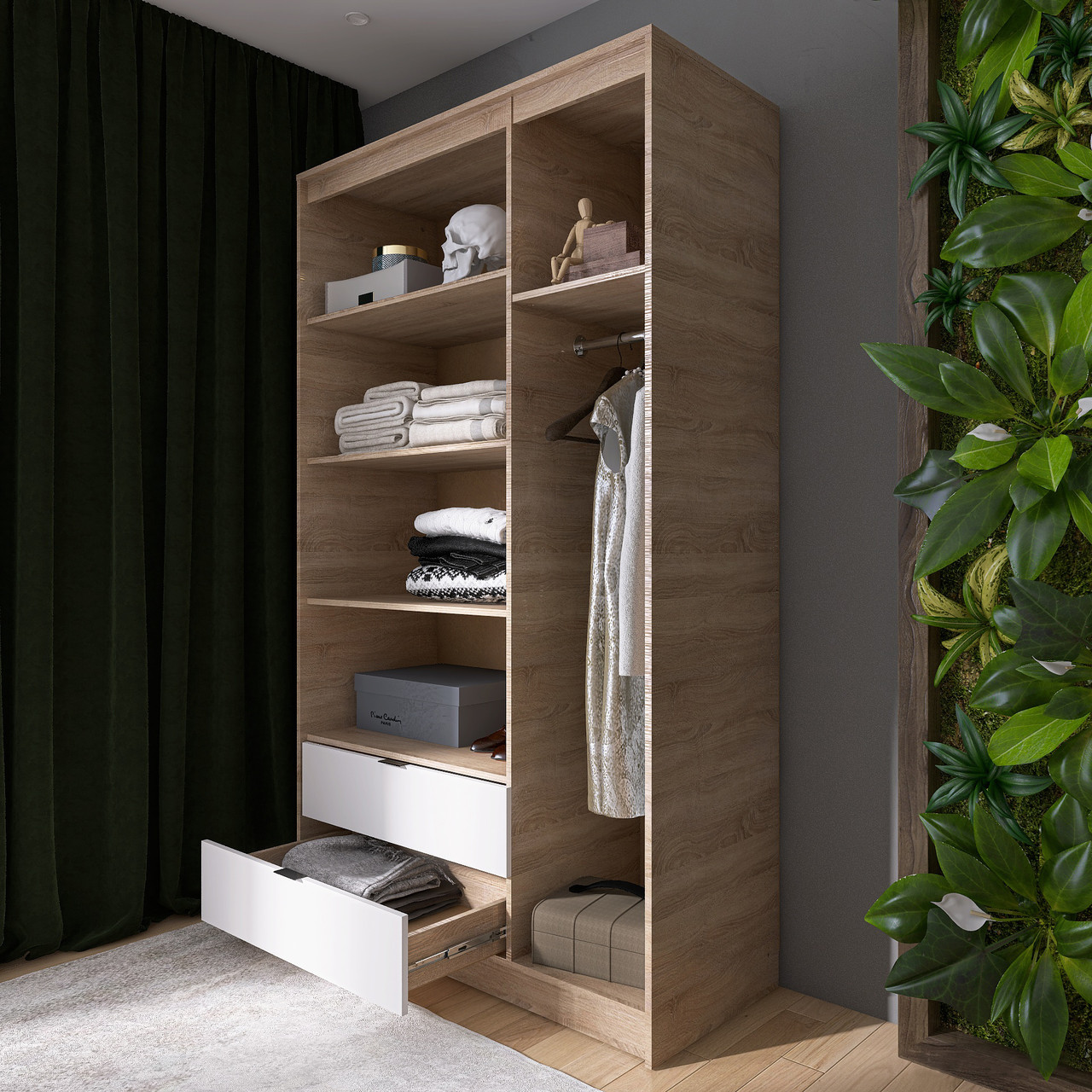 Шкаф распашной на 3 двери и 2 шухляды EVR- Сити-1200(полки-штанга) дуб Сонома + фасад белый