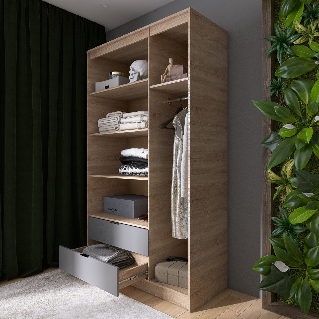 Шкаф распашной на 3 двери и 2 шухляды EVR- Сити-1200(полки-штанга) дуб Сонома + фасад графит