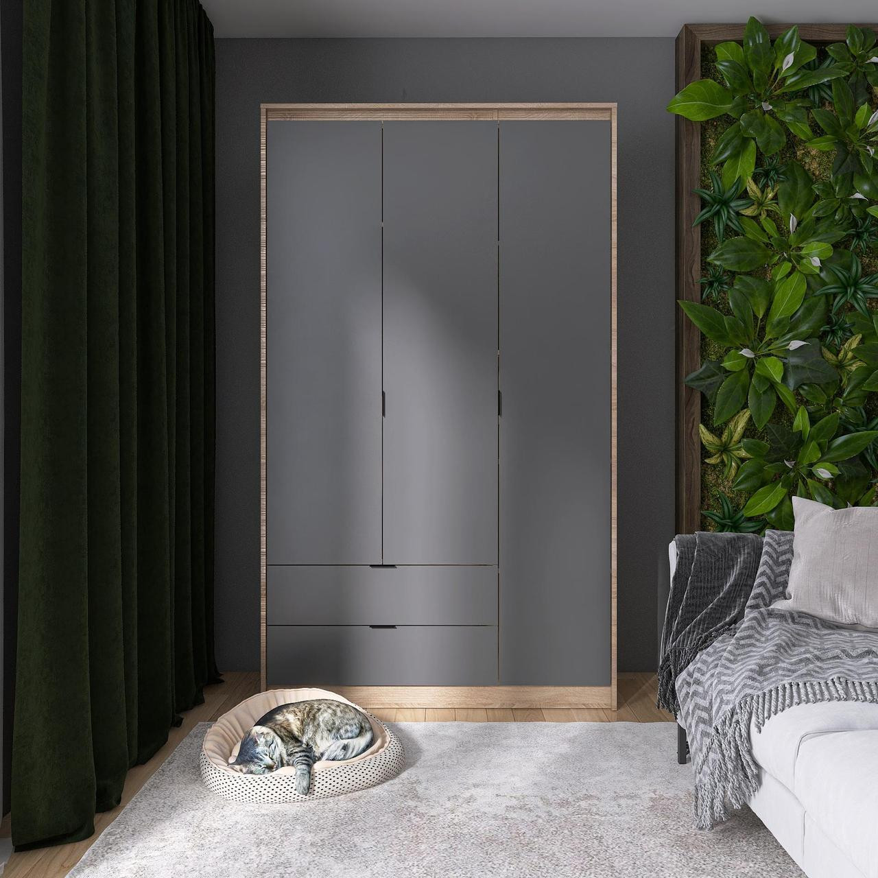 Шкаф распашной на 3 двери и 2 шухляды EVR- Сити-1200(полки-штанга) дуб Сонома + фасад графит