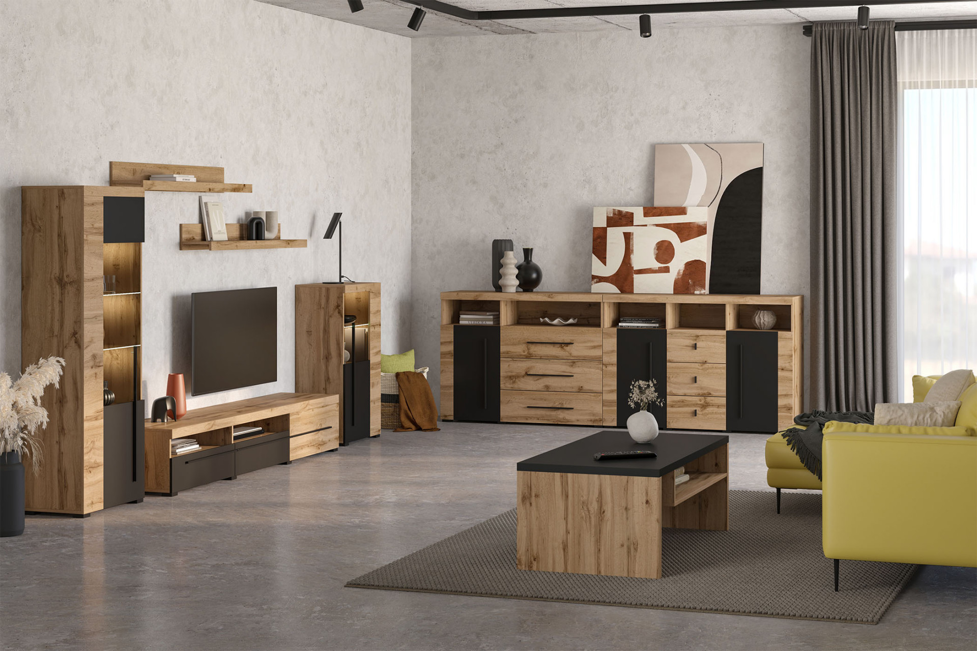 Комод на 2 двери и 3 ящика в гостиную Helvetia ROGER 22N2ZH25 (дуб вотан/черный матовый)