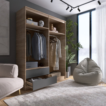 Шкаф распашной на 4 двери и 2 шухляды EVR- Сити-1600(штанга-штанга) дуб Сонома + фасад графит