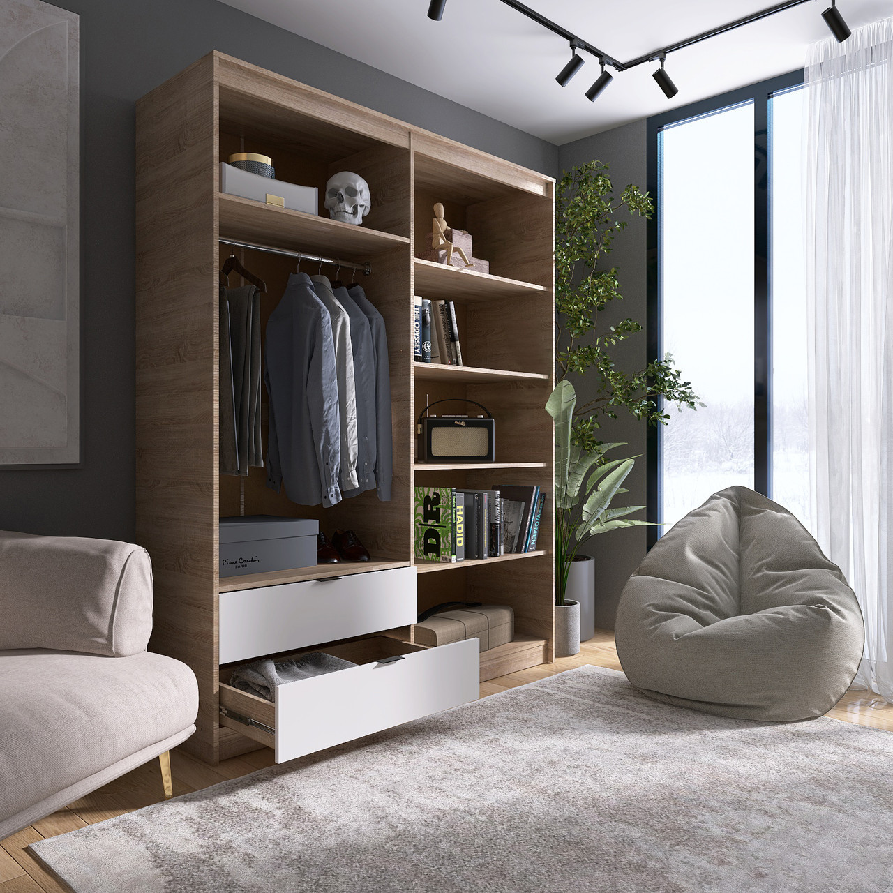 Шкаф распашной на 4 двери и 2 шухляды EVR- Сити-1600(штанга-полки) дуб Сонома + фасад белый