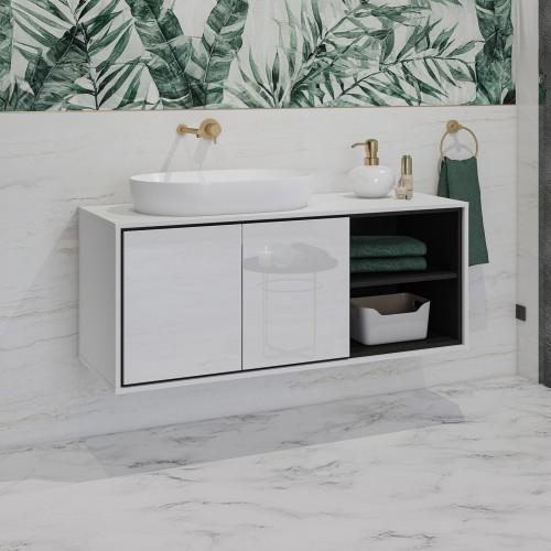 Тумба под раковину на 2 двери для ванной Helvetia IRVINE 309WNP60 (белый/черный/белый глянец)