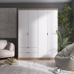 Шкаф распашной на 4 двери и 2 шухляды EVR- Сити-1600(полки-полки) дуб Сонома + фасад белый