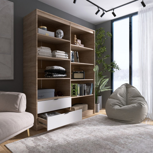 Шкаф распашной на 4 двери и 2 шухляды EVR- Сити-1600(полки-полки) дуб Сонома + фасад белый