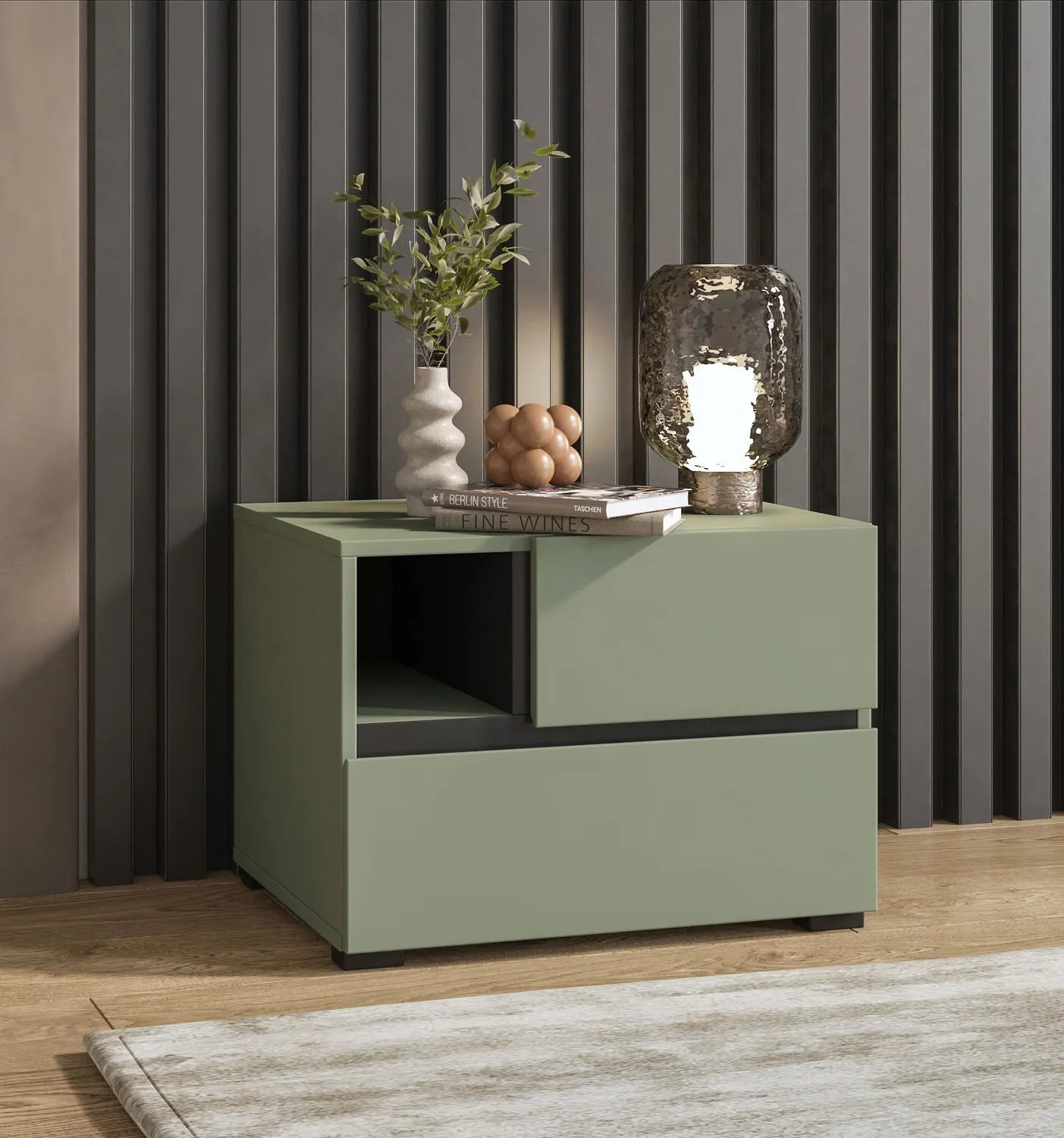 Тумбочка прикроватная Helvetia CROSS S 24GWMY22 (дымчатый зеленый/черный)