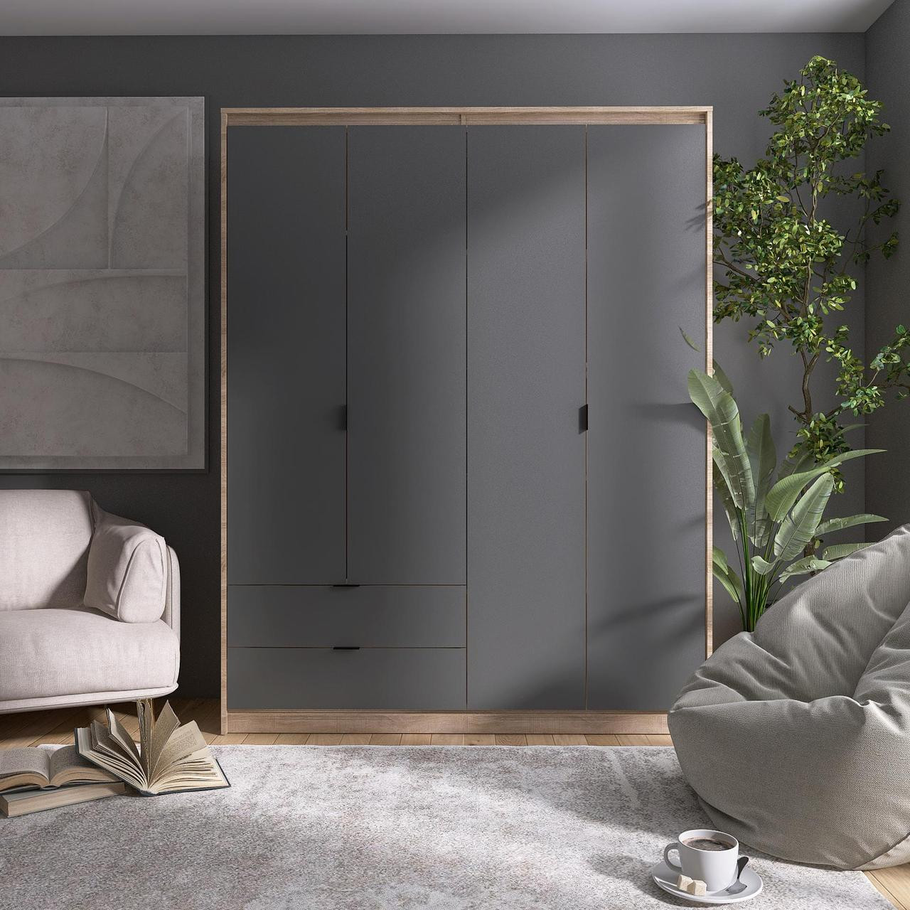 Шкаф распашной на 4 двери и 2 шухляды EVR- Сити-1600(полки-полки) дуб Сонома + фасад графит