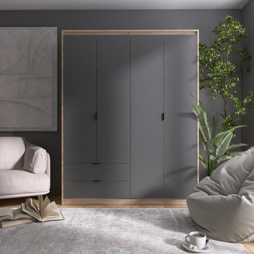 Шкаф распашной на 4 двери и 2 шухляды EVR- Сити-1600(полки-полки) дуб Сонома + фасад графит