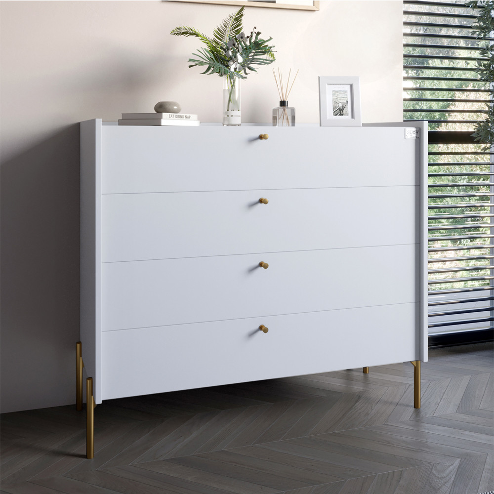 Комод с 4 ящиками LION Wood с золотыми ножками 100х90х45 см Нимфея Альба (белый)(LION-042969) ТОП 