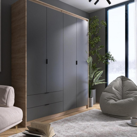 Шкаф распашной на 4 двери и 2 шухляды EVR- Сити-1600(полки-штанга) дуб Сонома + фасад графит