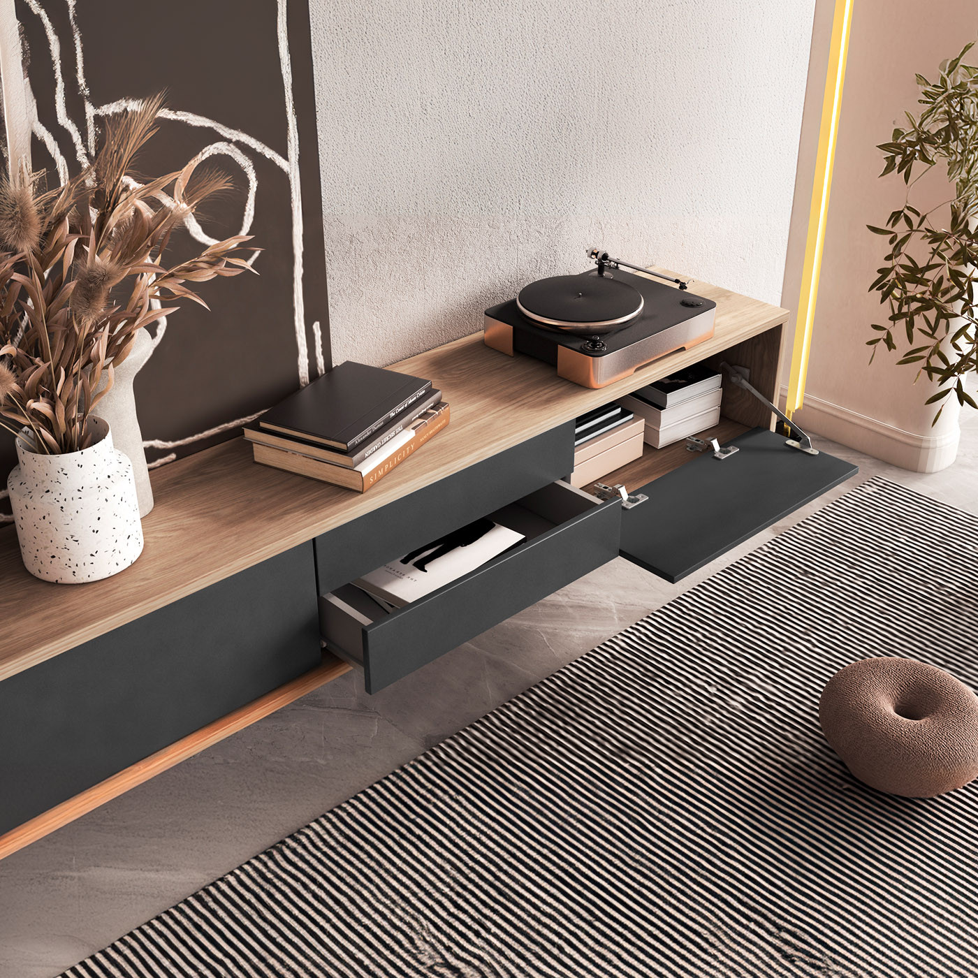 Тумба под телевизор навесная Helvetia FRIDA 24DJMT39 (дуб промасленный/антрацит)