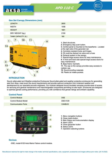 Генератор IDEA - AKSA, 110 kva, 88 kw, дизельний стаціонарний, 3х фазний 