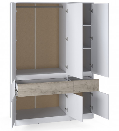 Шкаф распашной на 6 дверей и 2 шухляды EVR- Стайл-1400 белый + фасад крафт серый